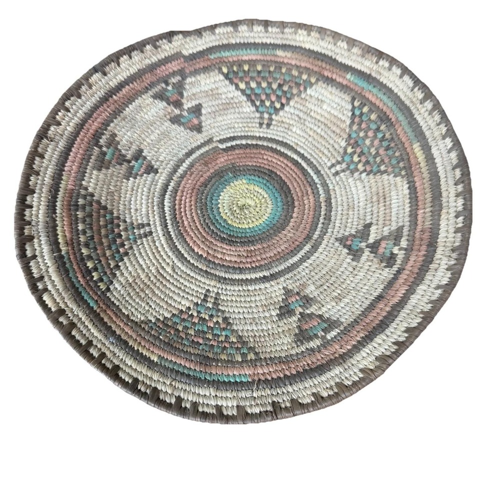 VTG African Basket Geometric Native‎ Design Coil Woven Round 13"